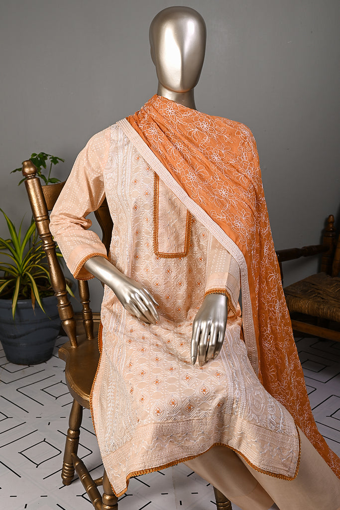 SC-250B-Peach - Token | 3Pc Cotton Embroidered & Printed Dress