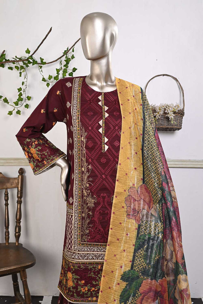SC-260A-Maroon - Laal Qila | 3Pc Cotton Embroidered & Printed Dress