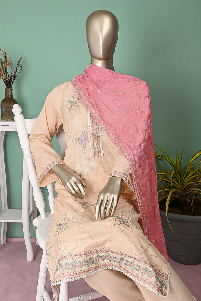 SC-300B-Peach - Sui Makri | 3Pc Cotton Embroidered & Printed Dress