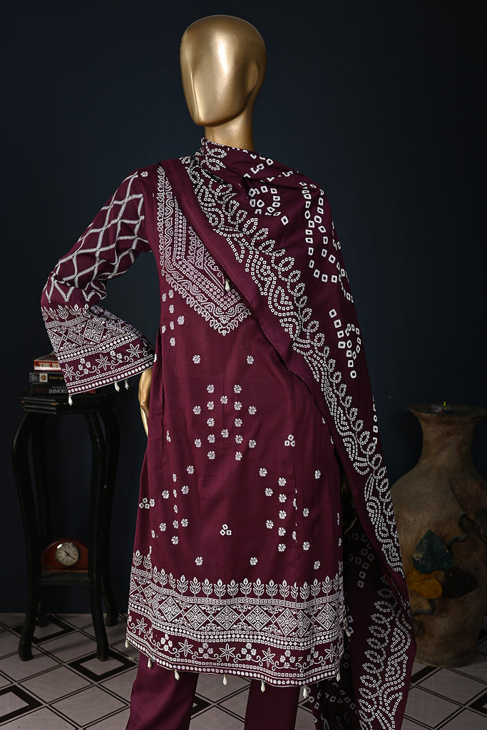 CC-8B-Maroon | 3 Pc Unstitched Printed Cambric Dress