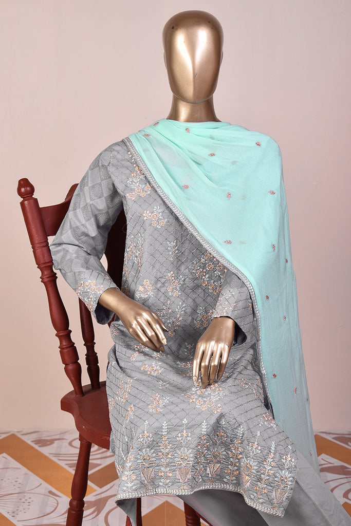 Cherish Glow (SC-118A-Grey) Embroidered & Printed Un-Stitched Cambric Dress