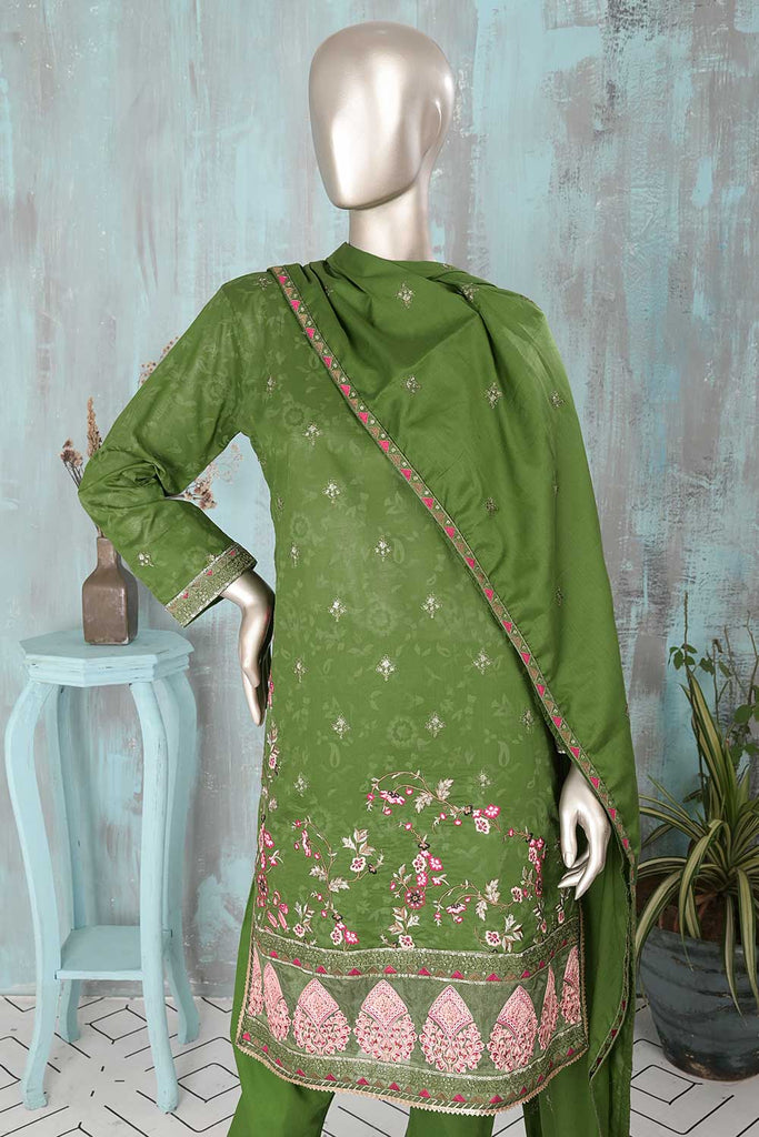 SC-273A-Green - Ruby | 3Pc Cotton Embroidered & Printed Dress