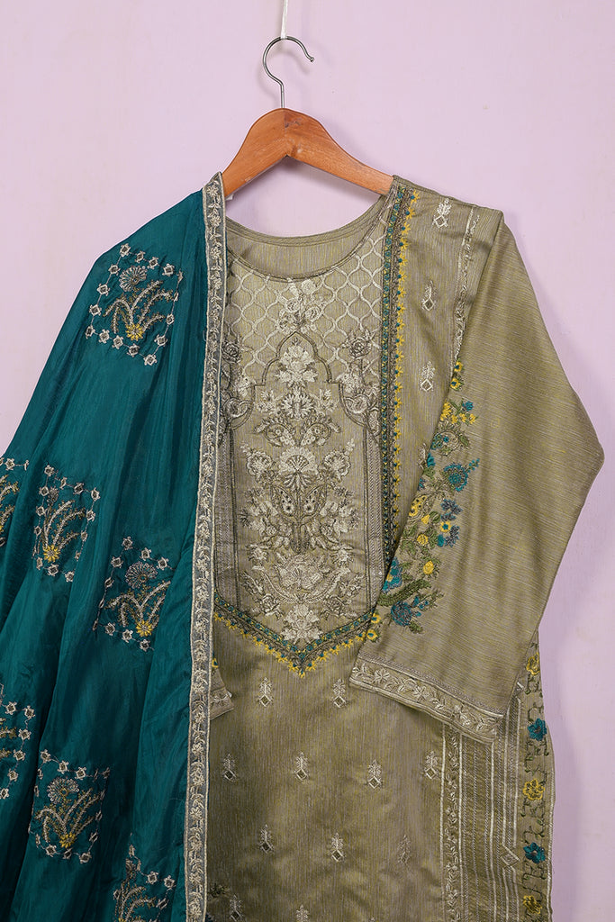 SC-211B-Khaki - Jubilant | 3Pc Cotton Embroidered & Printed Dress