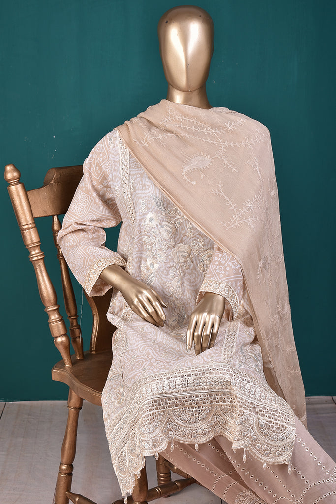 3 Pc Semi-Stitched Embroidered Self-Printed Cotton Dress with Chiffon Embroidered Dupatta and Cotton Trouser  - (P-127B-Skin)