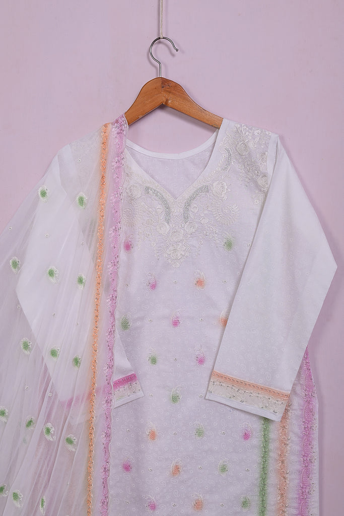 SC-213A-White - Spray Glitch | 3Pc Cotton Embroidered & Printed Dress