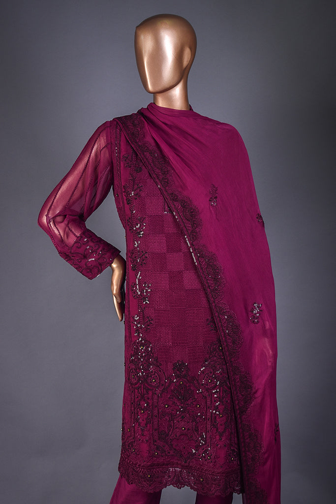 3pc Un-Stitched Embroidered Bamber Chiffon Dress With Raw Silk Trouser - Eventide (AMB-01-Purple)