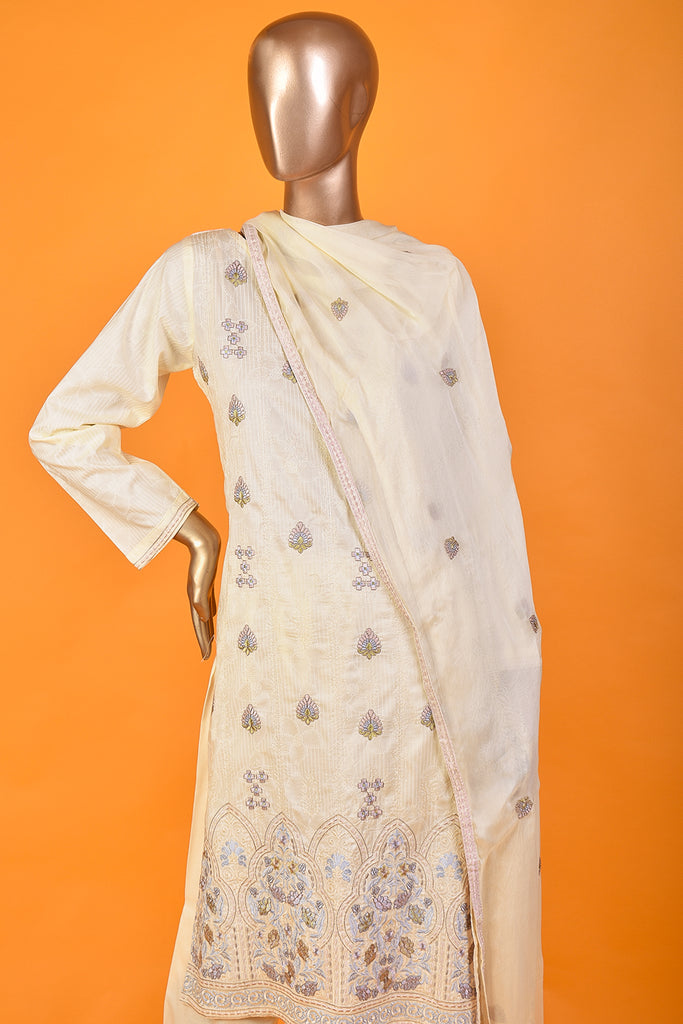 Drop flower (SC-171A-Cream) 3Pc Embroidered & Printed Un-Stitched Cotton Dress With Embroidered Chiffon Dupatta