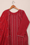 SC-80D-Red - Chicken Stripe | 3Pc Cotton Embroidered & Printed Dress