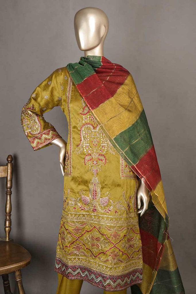 EM-11C-Mehndi-Rangoli| 3Pc Raw Silk Embroidered & Printed Dress