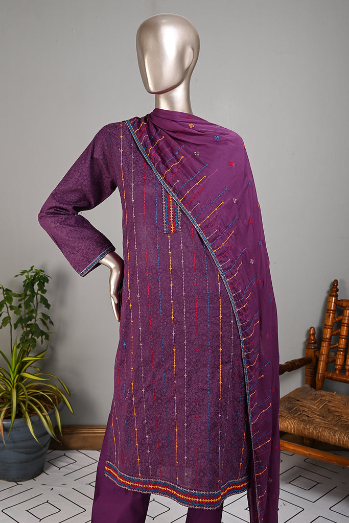 SC-222C-Purple - Dot Wire | 3Pc Cotton Embroidered & Printed Dress