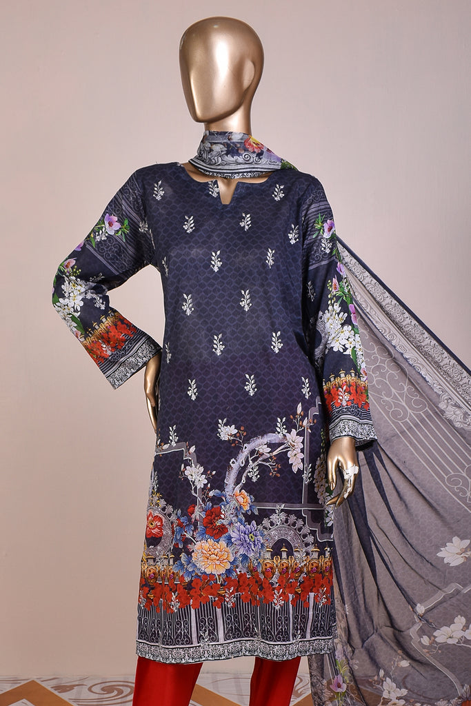 Patrimoine (PNE-02) - 3 Pc Unstitched Embroidered Digital Lawn Dress with Bamber Chiffon Digital Dupatta (Embroidered Borders on Dupatta)