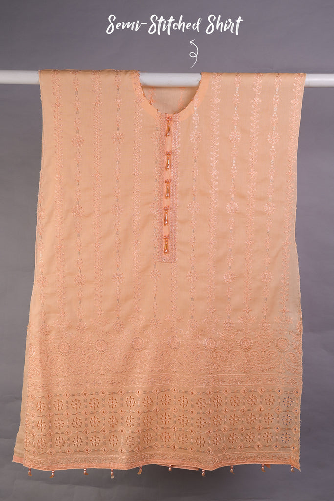 R21-C154-Peach - 3 Pc Semi Unstitched Cotton Embroidered