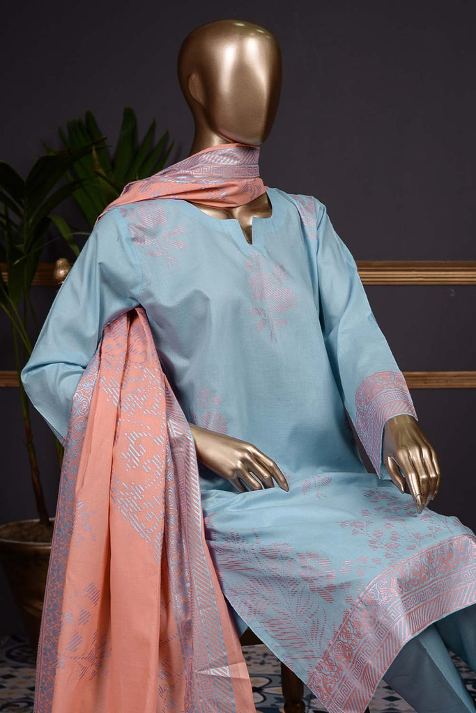 Pure Charisma (CC-1L) 3 Pc Sky Blue Unstitched Printed Cambric Dress with Peach Dupatta