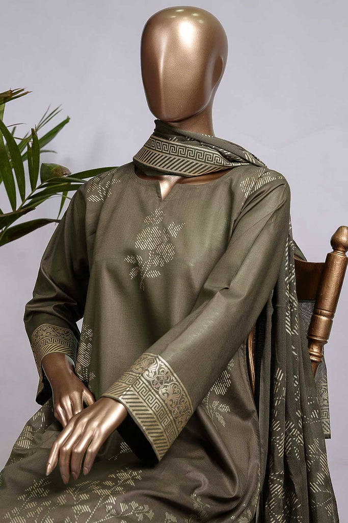 Pure Charisma (CC-1M-C-Olive Green) 3 Pc Unstitched Printed Cambric Dress with Chiffon Dupatta