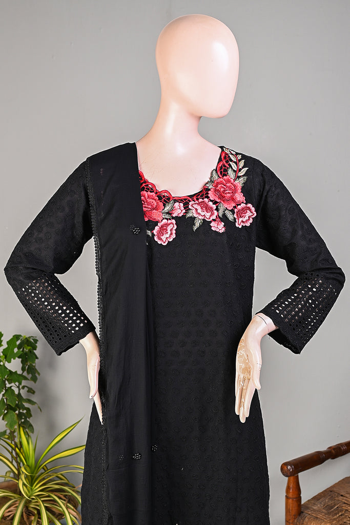 HJC-05B-Black | 3Pc Schiffli Un-Stitched Chikankari Dress With Embroidered Flowers Bunches With Chiffon Embroidered Dupatta