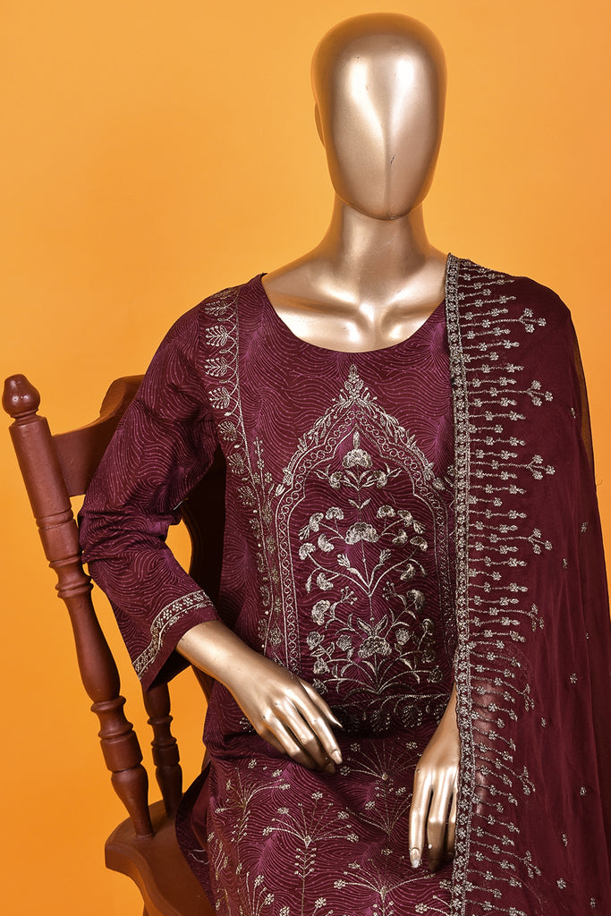 Eminence (SC-170B-Maroon) 3Pc Embroidered & Printed Un-Stitched Cotton Dress With Embroidered Chiffon Dupatta
