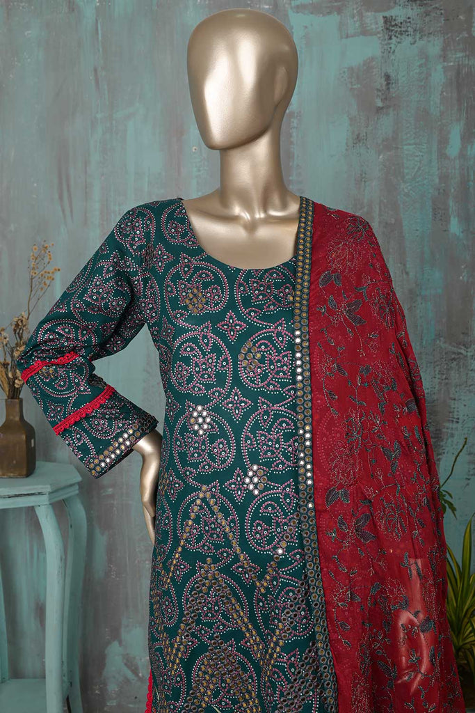 SC-198E-Turquoise - The 9MM | 3Pc Cotton Embroidered & Printed Dress