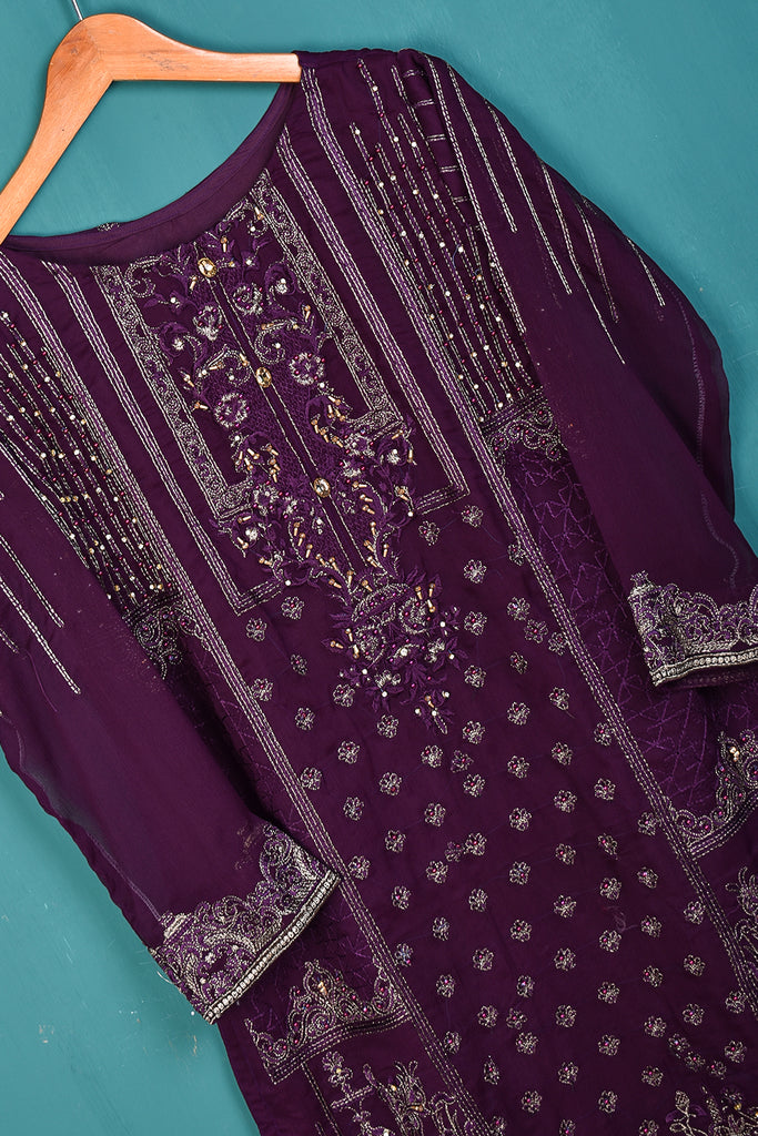 1Pc Unstitched Chiffon Embroidered Kurti With Jewel Handwork - (CUK-04-Purple)