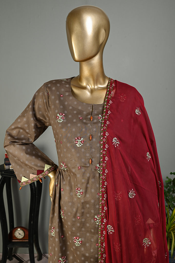 SC-238A-Brown - Polka Flowers | 3Pc Cotton Embroidered & Printed Dress