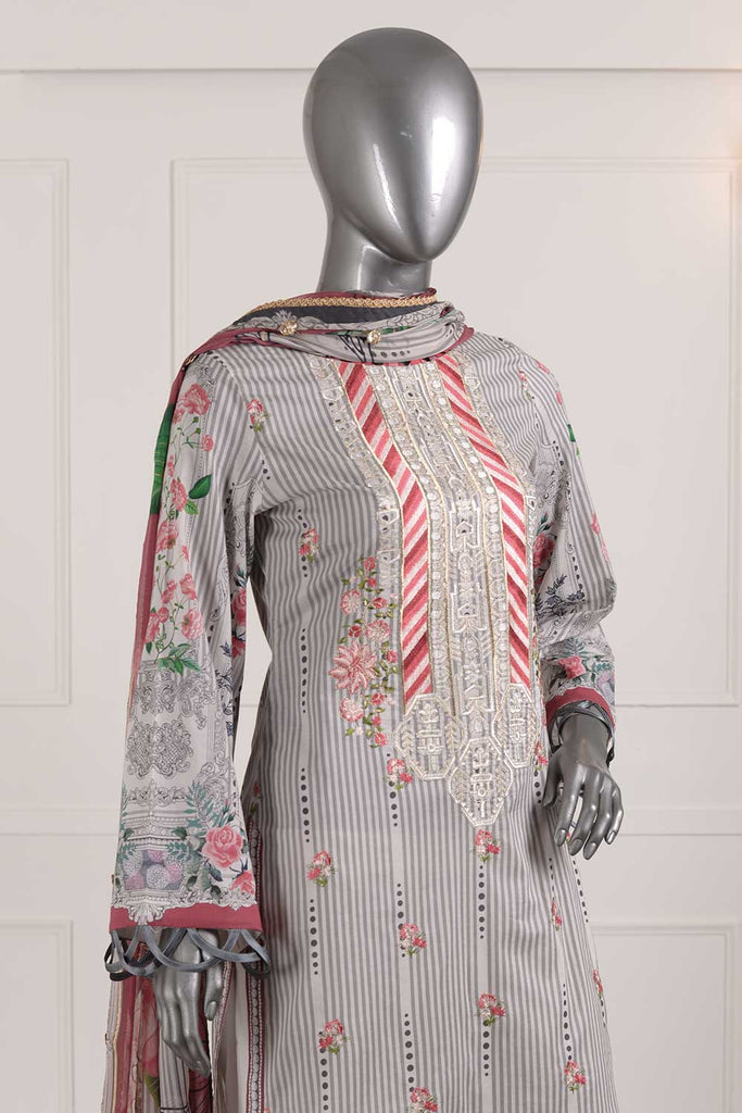 RNB-02-Grey - Occasion | 3Pc Fine Slub Cotton Embroidered & Printed Dress