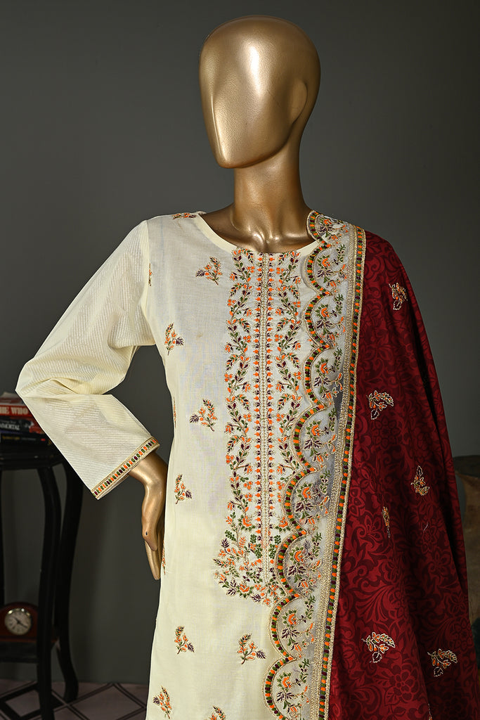 SC-227A-Cream - Fariha | 3Pc Cotton Embroidered & Printed Dress