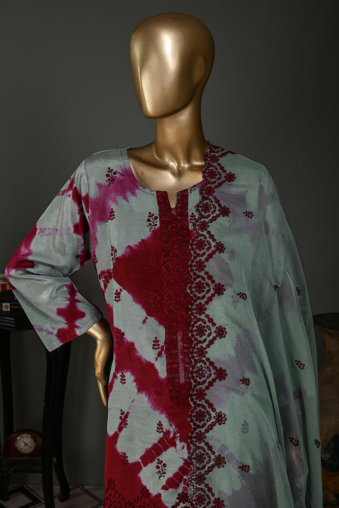 SC-228A-Mehroon - Laser Tie&Dye | 3Pc Cotton Embroidered & Printed Dress