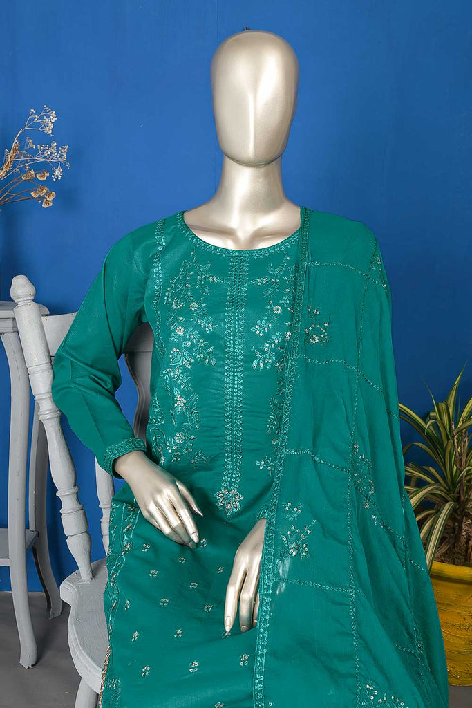 SC-289B-Turquoise - Zaiver | 3Pc Cotton Embroidered & Printed Dress