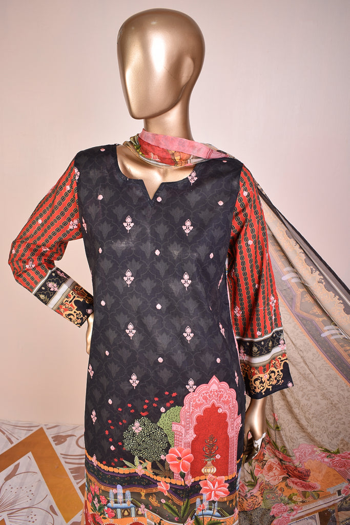 Patrimoine (PNE-01) - 3 Pc Unstitched Embroidered Digital Lawn Dress with Bamber Chiffon Digital Dupatta (Embroidered Borders on Dupatta)