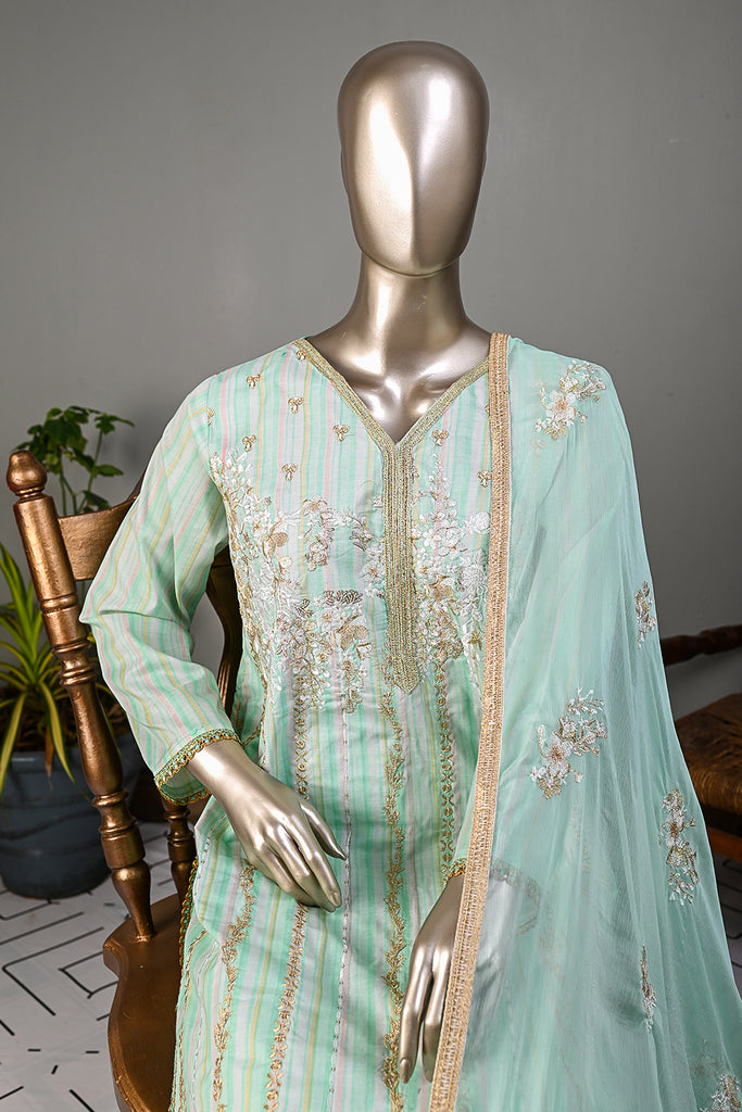 SC-251B-SeaGreen - Pearls | 3Pc Cotton Embroidered & Printed Dress