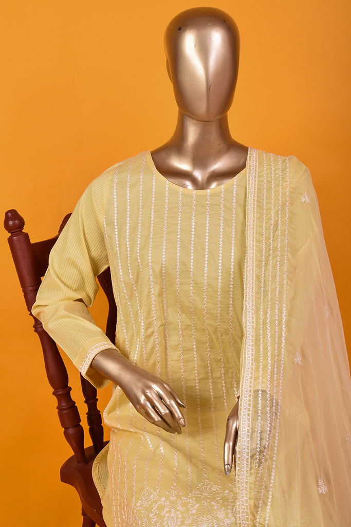 Mistress (SC-172B-Yellow) 3Pc Embroidered & Printed Un-Stitched Cotton Dress With Embroidered Chiffon Dupatta