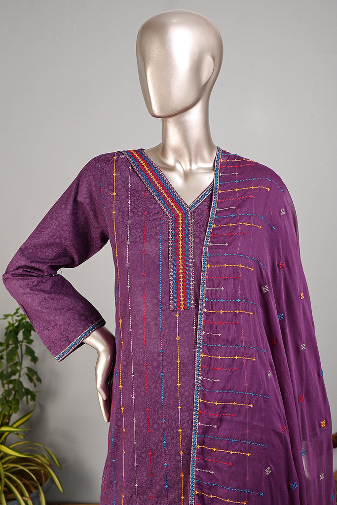 SC-222C-Purple - Dot Wire | 3Pc Cotton Embroidered & Printed Dress