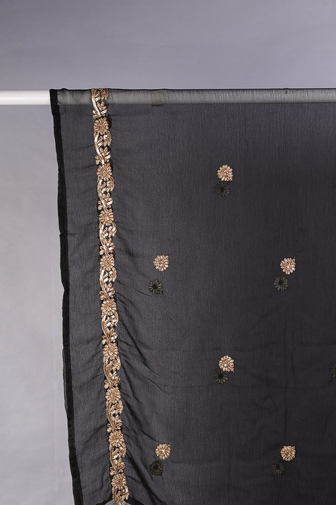 R19-F104-Black - 3 Pc Semi Unstitched Chiffon Embroidered