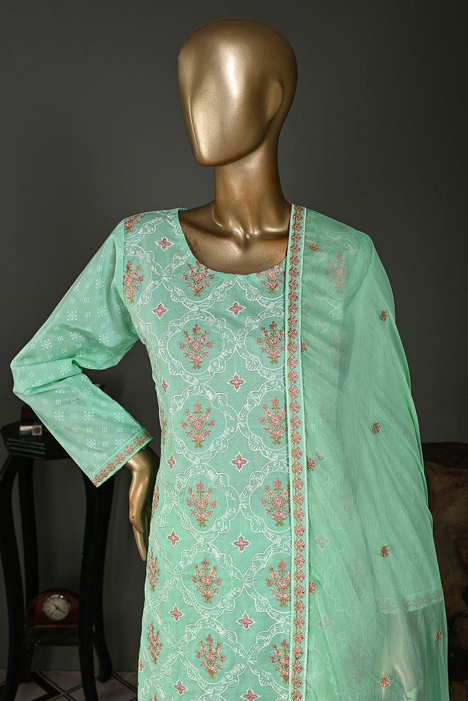SC-231A-SeaGreen - Qandil | 3Pc Cotton Embroidered & Printed Dress
