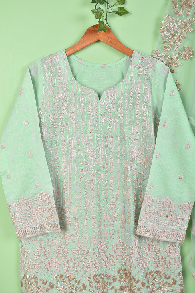 Sky Glitter (SC-176B-SeaGreen) 3Pc Embroidered & Printed Un-Stitched Cotton Dress With Embroidered Net Dupatta