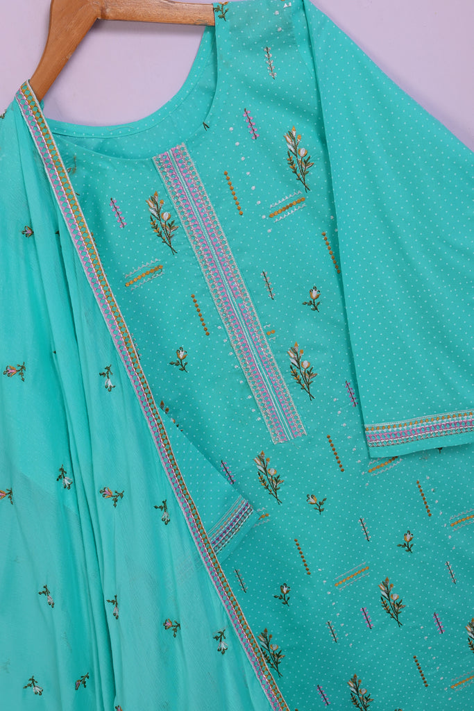 SC-206B-Sea Green - The Banquet | 3Pc Cotton Embroidered & Printed Dress