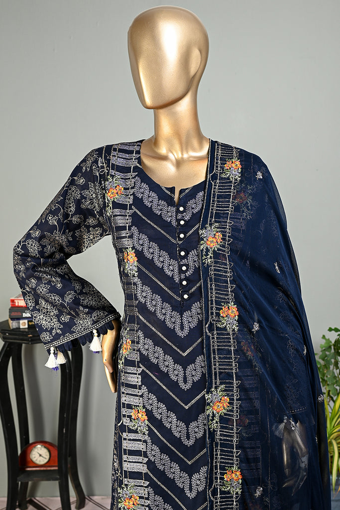 SC-236A-NavyBlue - Cross Track | 3Pc Cotton Embroidered & Printed Dress