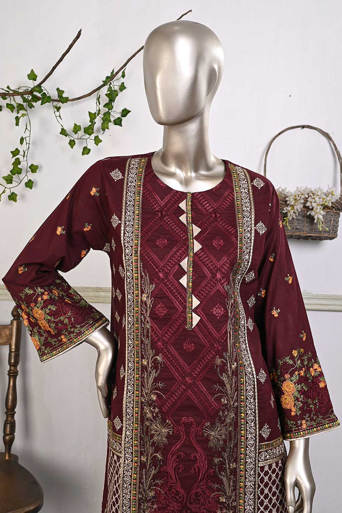 SC-260A-Maroon - Laal Qila | 3Pc Cotton Embroidered & Printed Dress