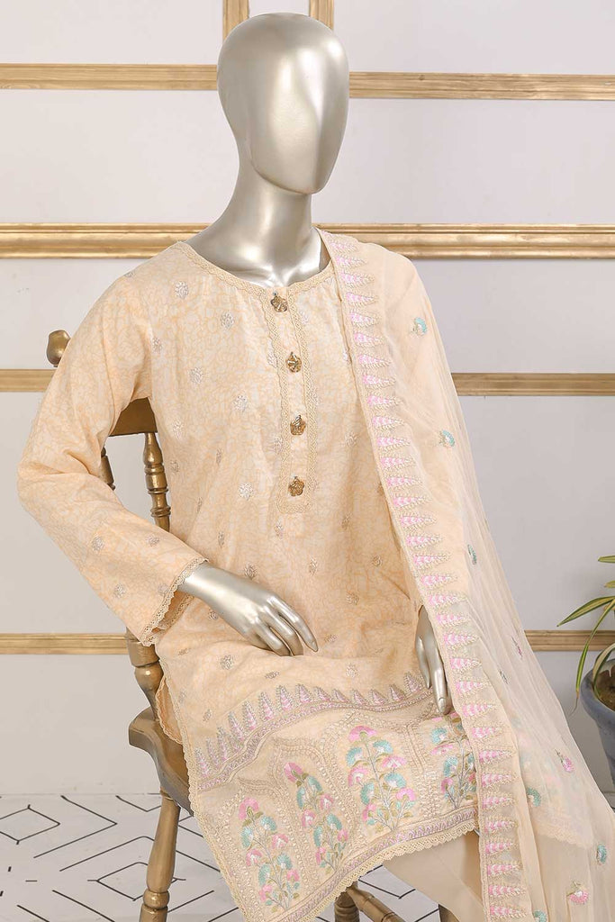 SC-263B-Peach - Afsaaneh | 3Pc Cotton Embroidered & Printed Dress
