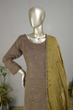 SC-143F-Khaki - Gulmohar | 3Pc Cotton Embroidered & Printed Dress