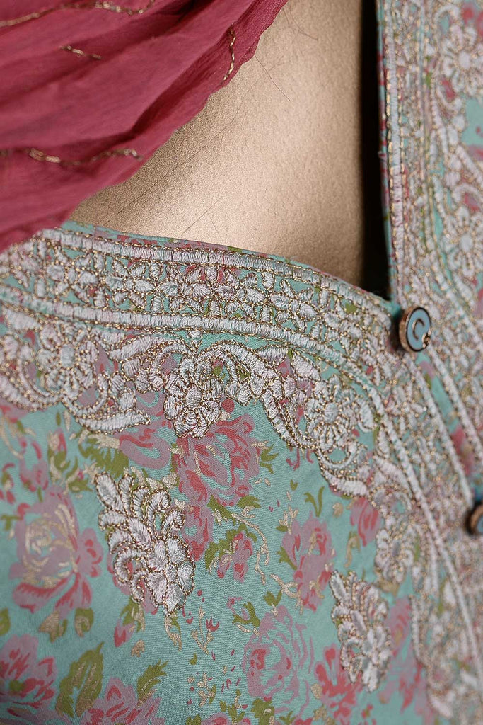 Zari Mahal (SC-91A-Ferozi) Embroidered Cambric Dress with Embroidered Chiffon Dupatta