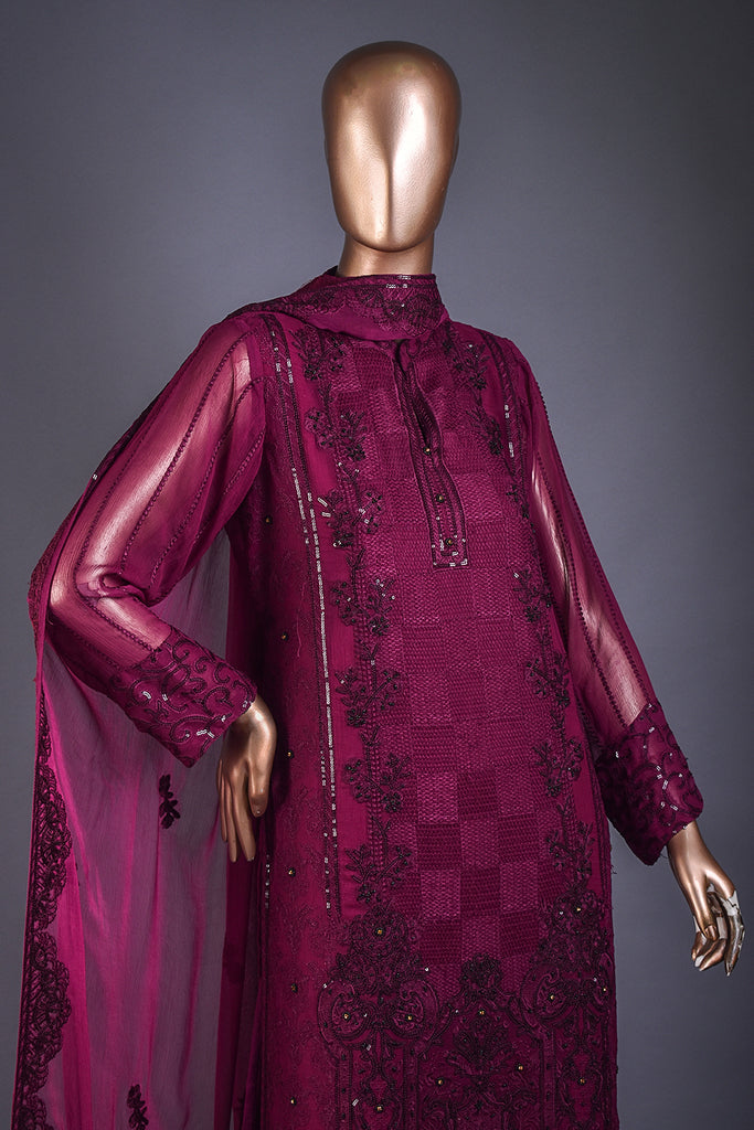 3pc Un-Stitched Embroidered Bamber Chiffon Dress With Raw Silk Trouser - Eventide (AMB-01-Purple)