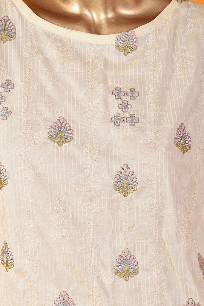 Drop flower (SC-171A-Cream) 3Pc Embroidered & Printed Un-Stitched Cotton Dress With Embroidered Chiffon Dupatta