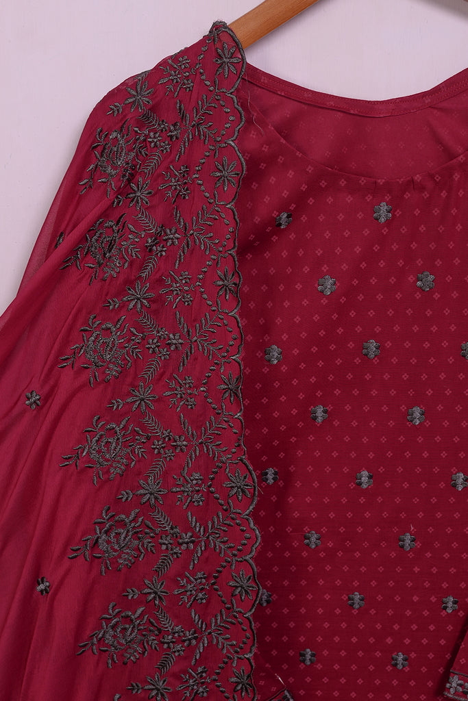 SC-214A-Maroon - Cherry Berry | 3Pc Cotton Embroidered & Printed Dress