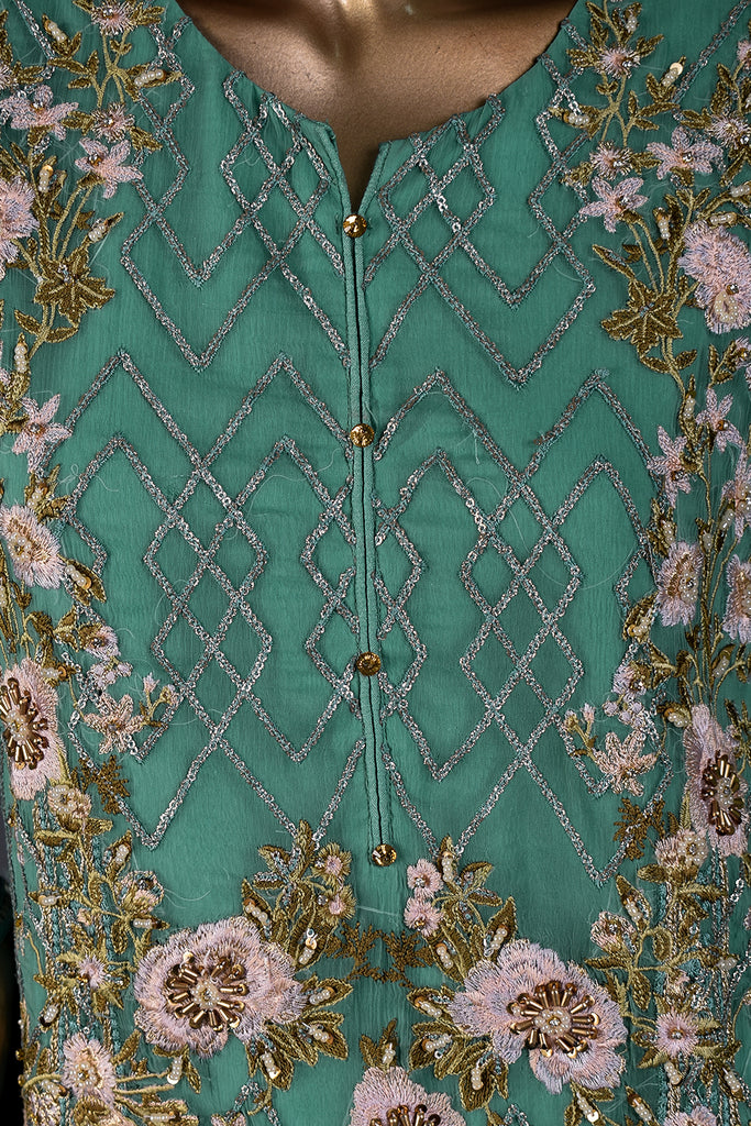 3pc Un-Stitched Embroidered Bamber Chiffon Dress With Raw Silk Trouser - Trailing Plant (AMB-04-Greenish)