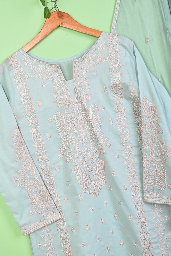The Ordinary (SC-178A-SkyBlue) 3Pc Embroidered & Printed Un-Stitched Cambric Dress With Embroidered Chiffon Dupatta