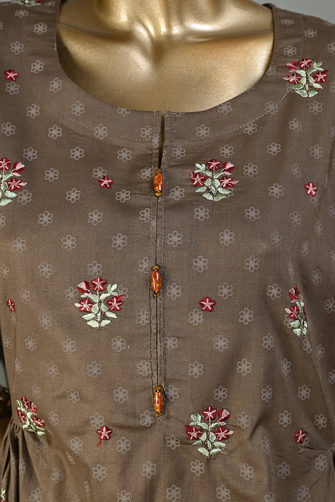 SC-238A-Brown - Polka Flowers | 3Pc Cotton Embroidered & Printed Dress