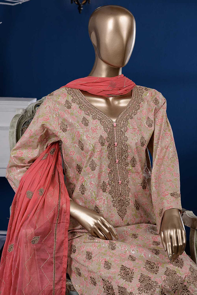 Zari Mahal (SC-91B-Skin) Embroidered Cambric Dress with Embroidered Chiffon Dupatta