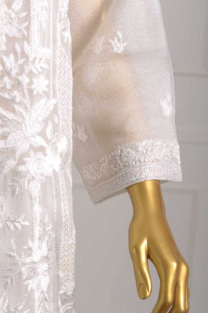 R22-Net-16-White | 3Pc Embroidered Semi-Stitched Ayudia Net Fabric Dress