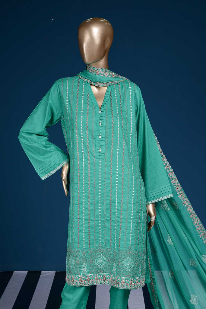 Queen Dots (SC-97A-Cyan) Embroidered Cambric Dress with Embroidered Chiffon Dupatta