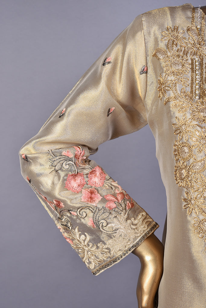 The Revolution (EM-5A-SkinPink) | 3 Pc Mysoori Embroidered Dress with Handicraft Pearl work with Raw Silk Trouser & Banarsi Chiffon Dupatta